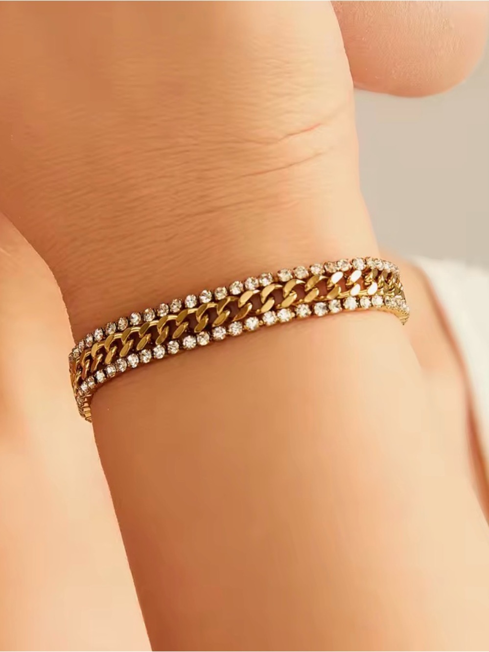 18K Gold Plated Stainless Steel Three Layers Bracelet Shiny Cubic Zirconia - Picture 5 of 8